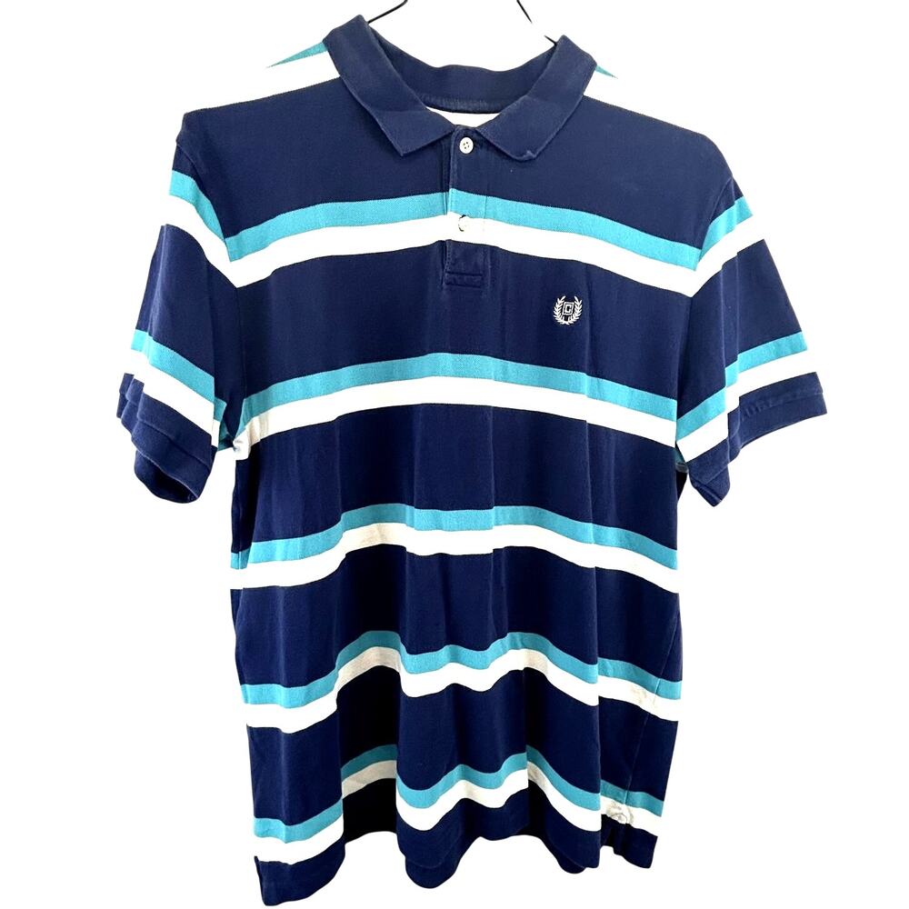 SKU 2248 Chaps Men XL Blue Striped Short Sleeve Polo Shirt 100% Cotton India
